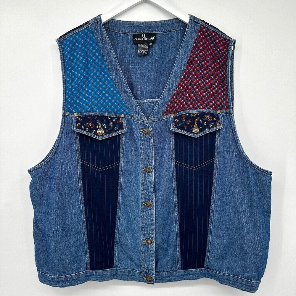Vintage Y2K Carole Little Vest Jacket 24W Denim Boho Patchwork Western Statement